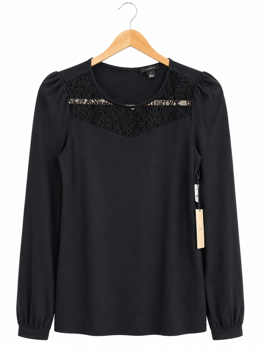 NWT S Halogen Nordstrom Rack Black Lace Yoke Long Sleeve Blouse Puff Sleeve Top